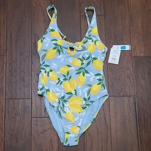 NWT Time and Tru Baby Blue &  Lemon Print One Piece Swimsuit Size Large (12-14)